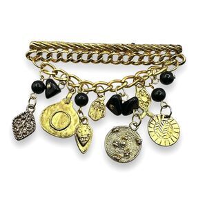 Vintage Chatelaine Hamsa Hand Bar Brooch Charm Dangle Matte Gold Tone 80s 90s